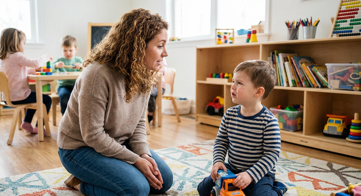 A daycare teacher kneeling and speaking gently to a preschool child at eye level in a classroom, with the child looking slightly confused, realistic photo