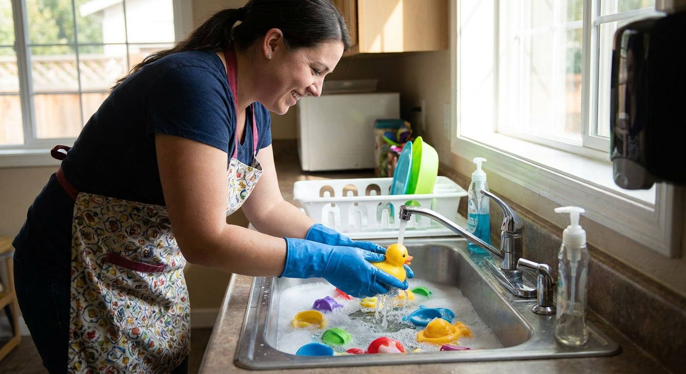A daycare teacher rinsing and cleaning plastic toddler toys in a classroom sink with warm soapy water, real-life photo