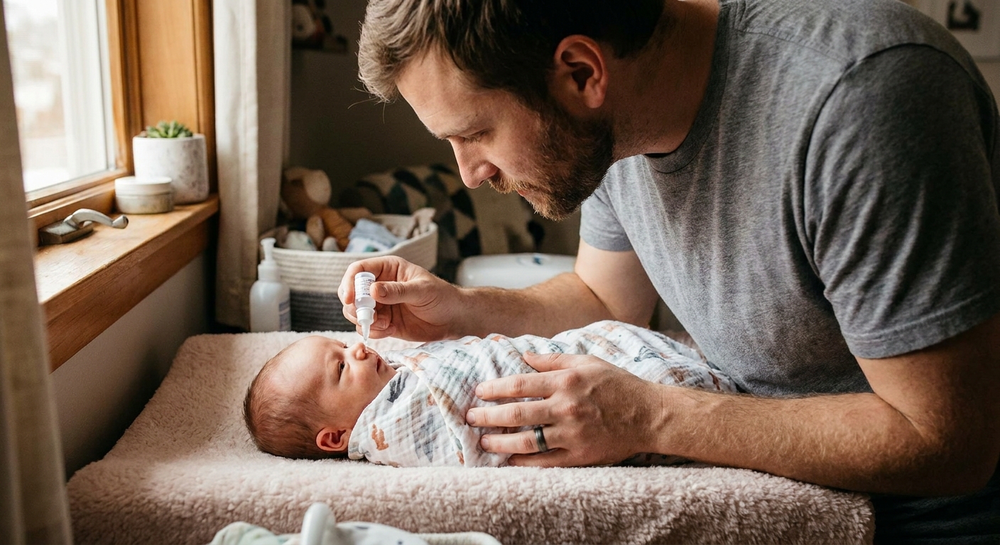 A father gently placing a saline drop into a newborn’s nostril while the baby lies on a changing pad, realistic photo