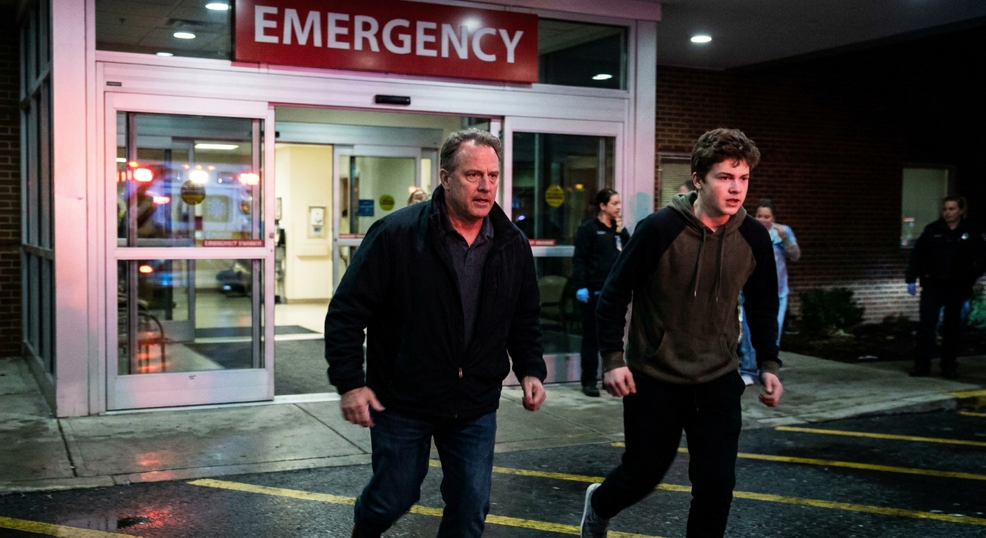 A father walking quickly with his teenage son toward a hospital emergency room entrance at night, realistic photo