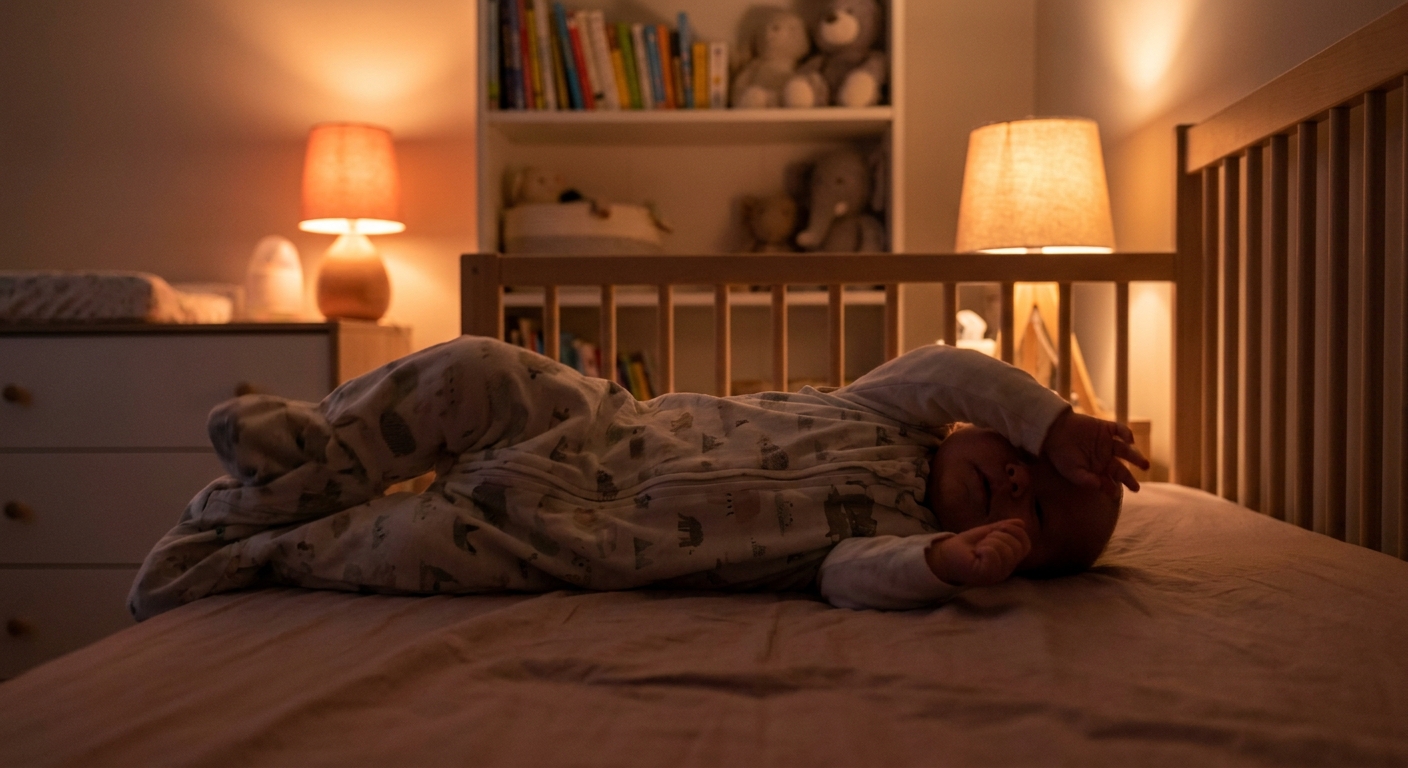 A five-month-old baby rolling from back to belly in a crib during bedtime, realistic home setting, soft lamp light