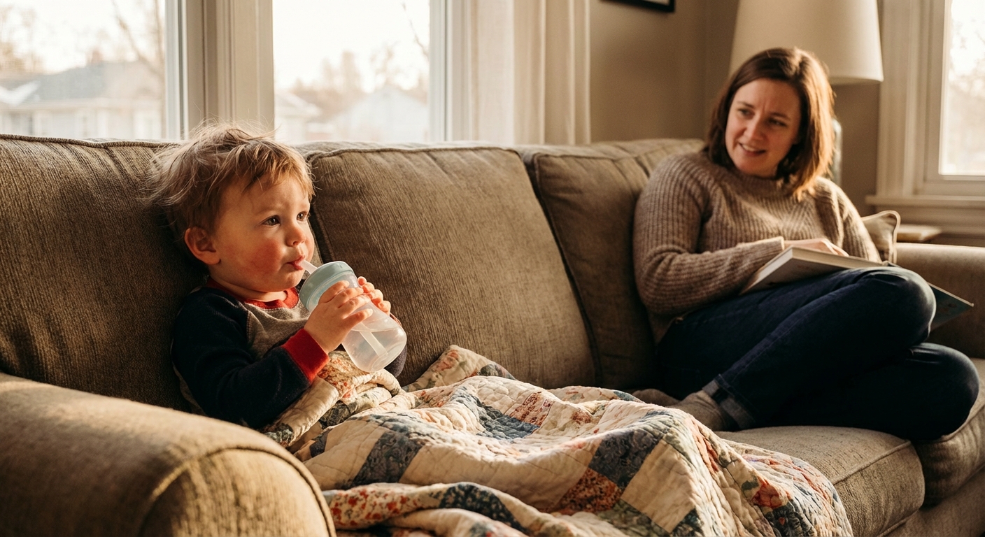 A flushed toddler sitting on a couch under a light blanket sipping water from a straw cup while a parent sits nearby, cozy natural light photo