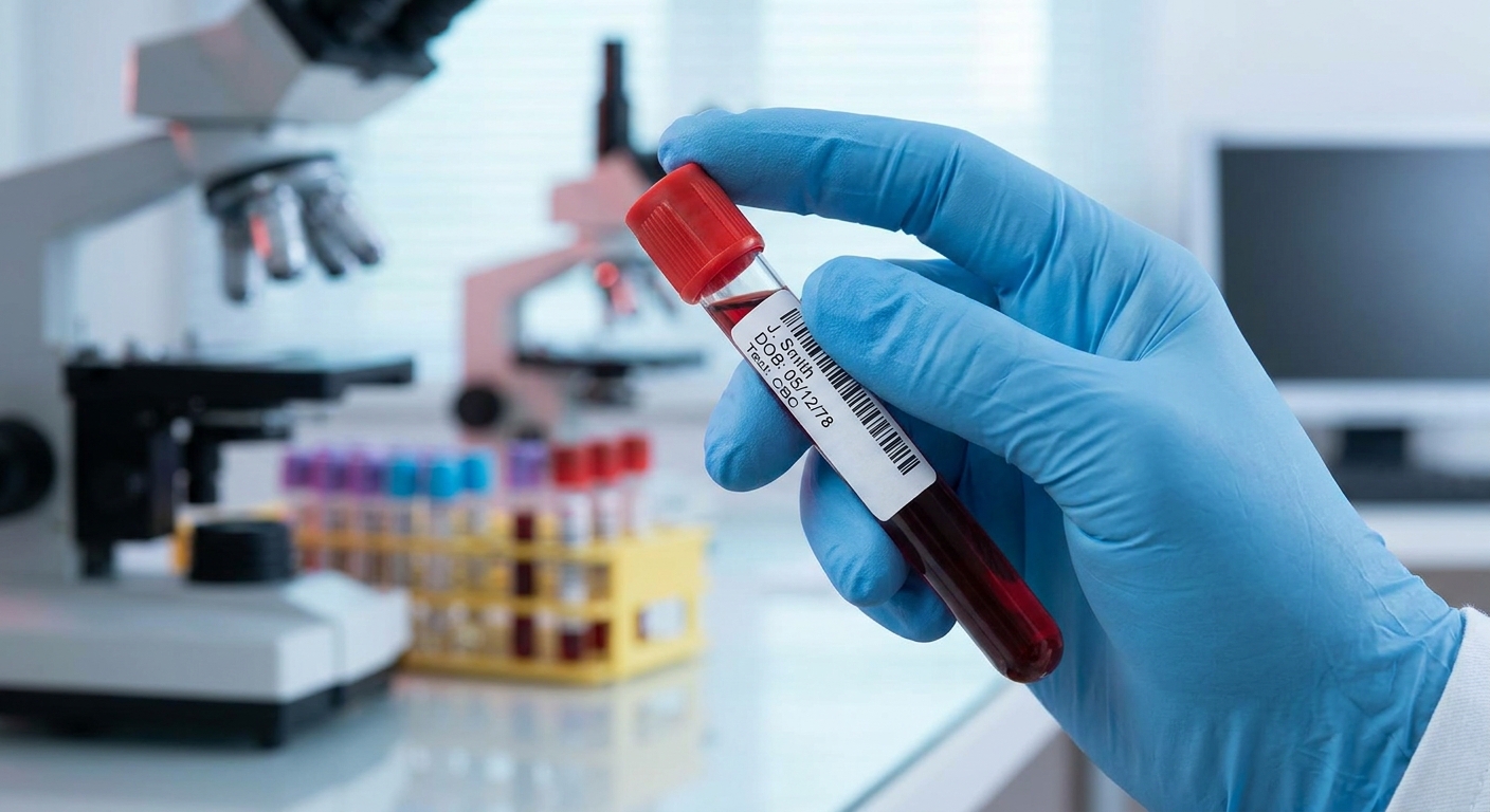 A gloved clinician holding a labeled blood sample tube in a medical laboratory setting, close-up photo with soft background blur