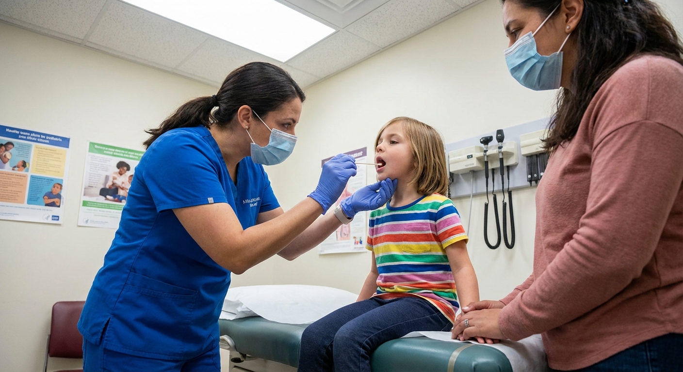 A healthcare professional in a clinic gently swabbing the throat of a school-age child while a parent stands nearby, bright clinical lighting, realistic documentary photo