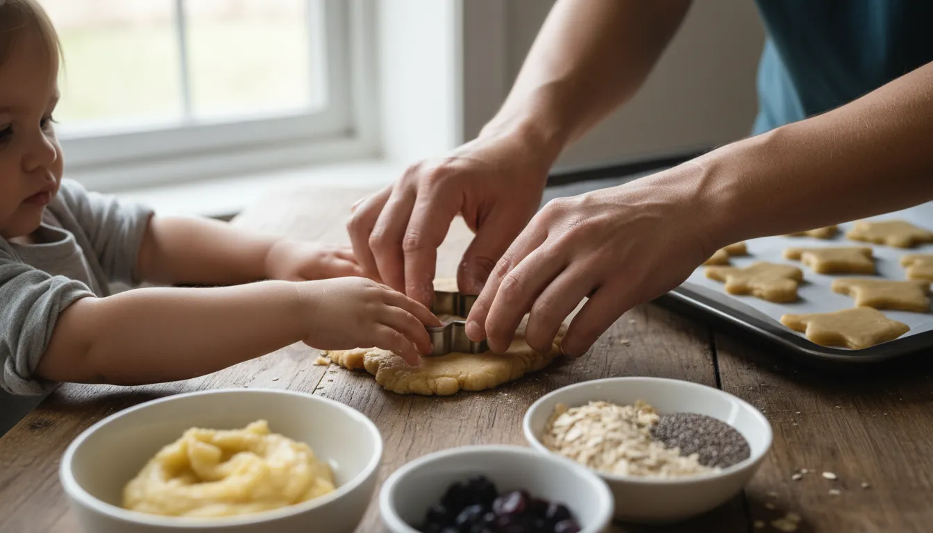 A home kitchen pantry shelf with gluten-free packaged snacks and simple ingredients organized in bins, real photo