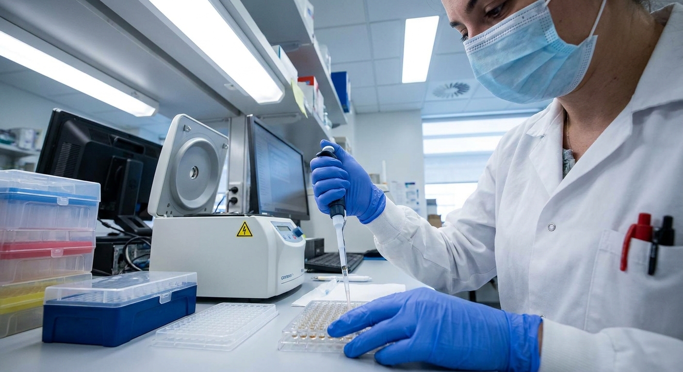 A hospital laboratory technician wearing gloves pipetting a sample into a PCR testing tray under bright lab lighting, realistic documentary photo
