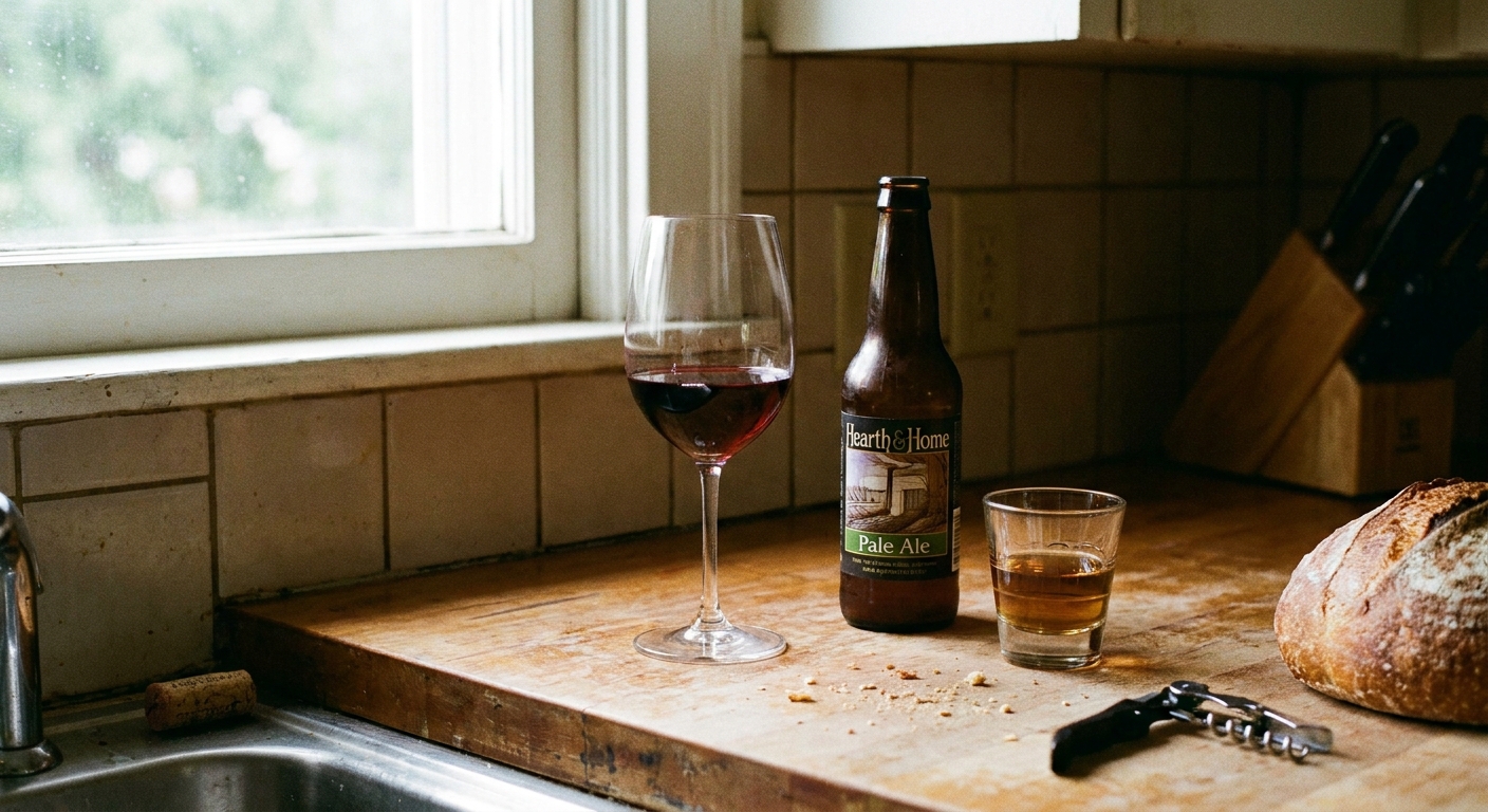 A kitchen counter with a single poured glass of wine, a bottle of beer, and a small measured shot of spirits, natural window light, realistic photography