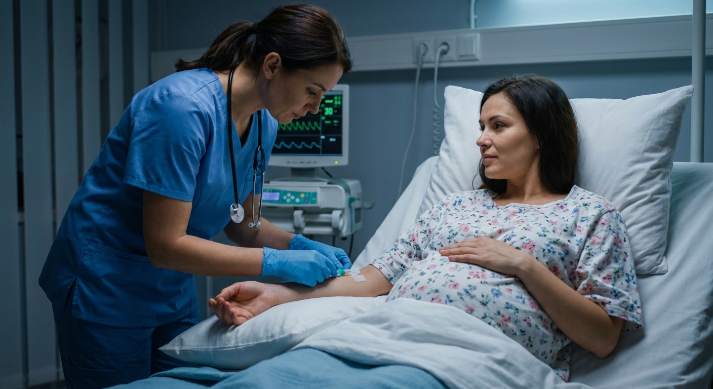 A labor and delivery nurse gently placing an IV catheter in a pregnant patient's arm while the patient rests in bed, realistic hospital photo