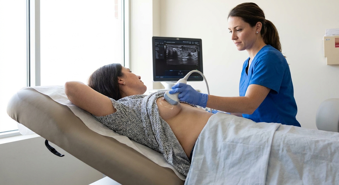 A lactating parent lying on an exam table while a clinician performs a breast ultrasound with gel and a handheld probe in a bright outpatient clinic room, documentary style photo