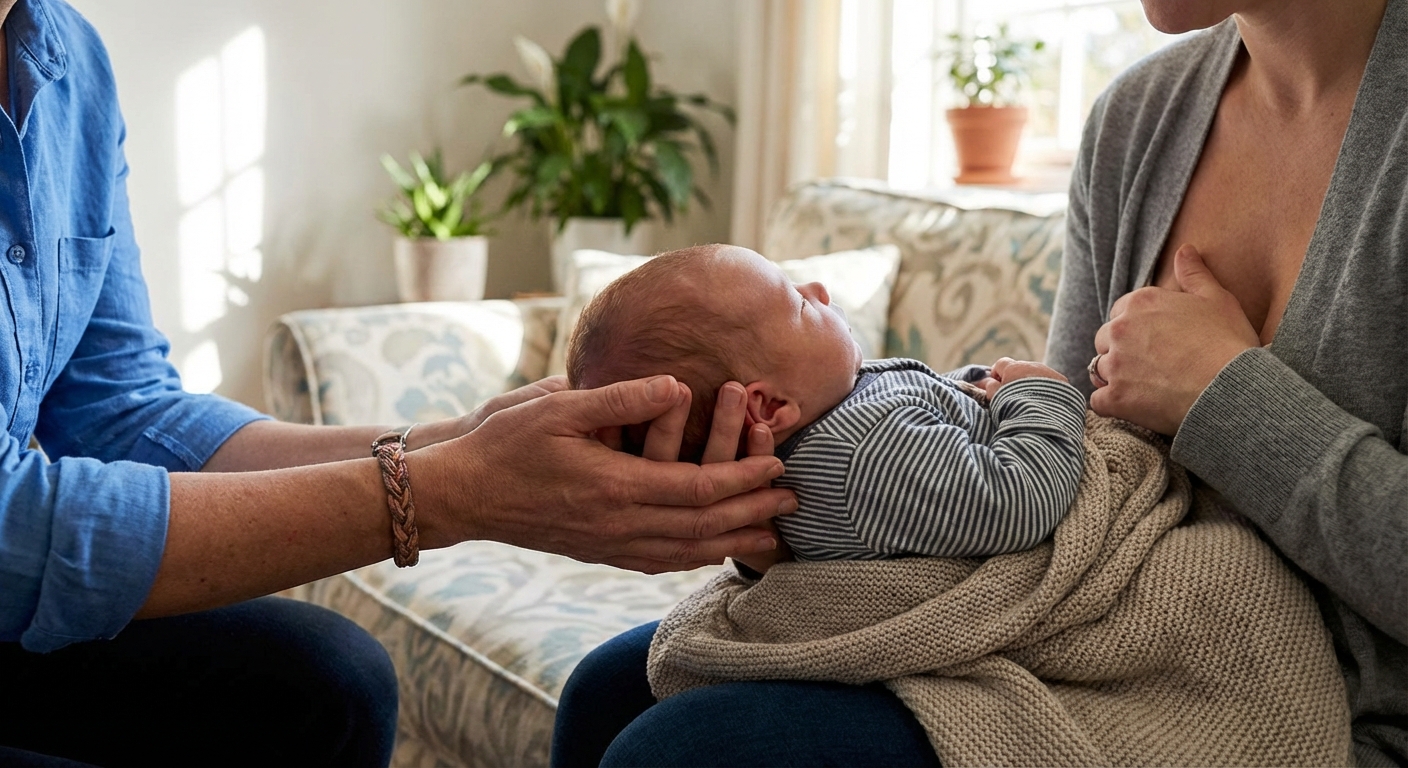 A lactation consultant gently guiding a parent as they position a newborn for breastfeeding in a calm home setting, close-up on hands and baby, photorealistic documentary style