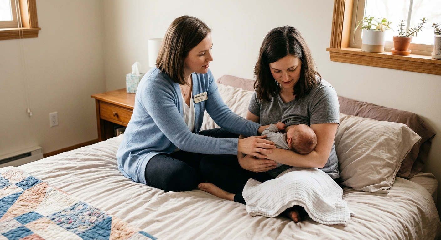 A lactation consultant sitting beside a parent on a bed, gently guiding a newborn's positioning for breastfeeding in a calm home setting, real photo