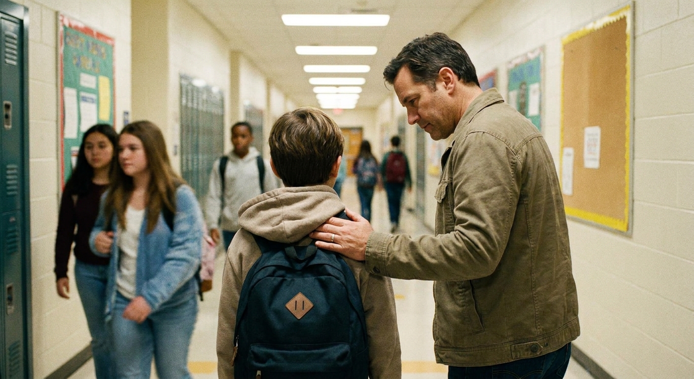 A middle school aged child standing in a well lit hallway while a parent gently observes their back and shoulder height from behind, real life family photo