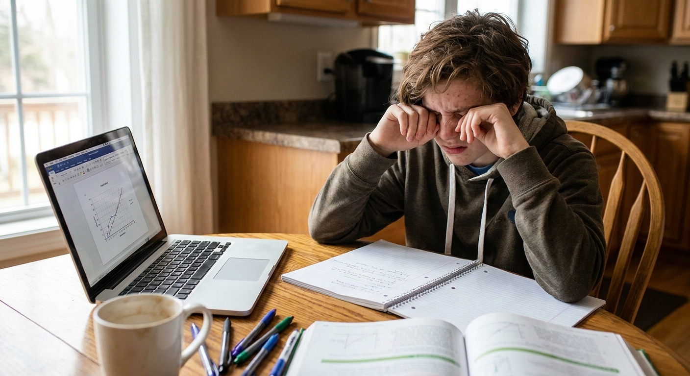 A middle school student sitting at a kitchen table with an open laptop and notebooks, rubbing their eyes and looking exhausted while trying to focus, realistic photograph
