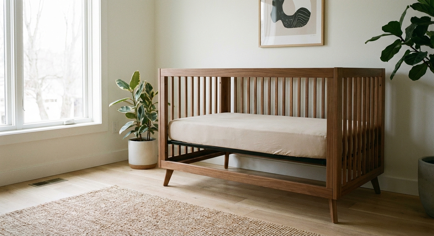 A modern nursery with an empty crib containing only a firm mattress and a tight fitted sheet, photographed straight-on in natural daylight