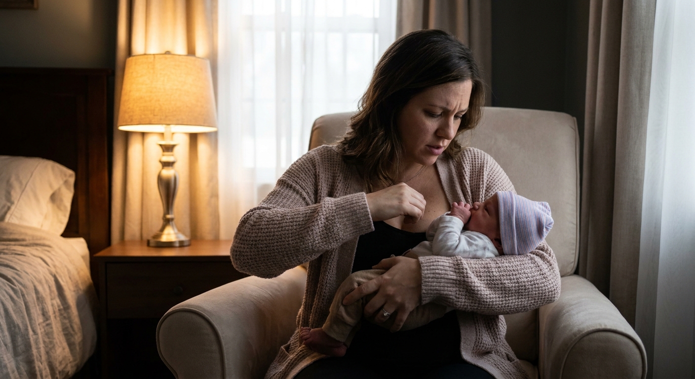 A mother gently unlatching a newborn who is coughing at the breast, seated in a supportive chair in a softly lit bedroom, real-life photography style