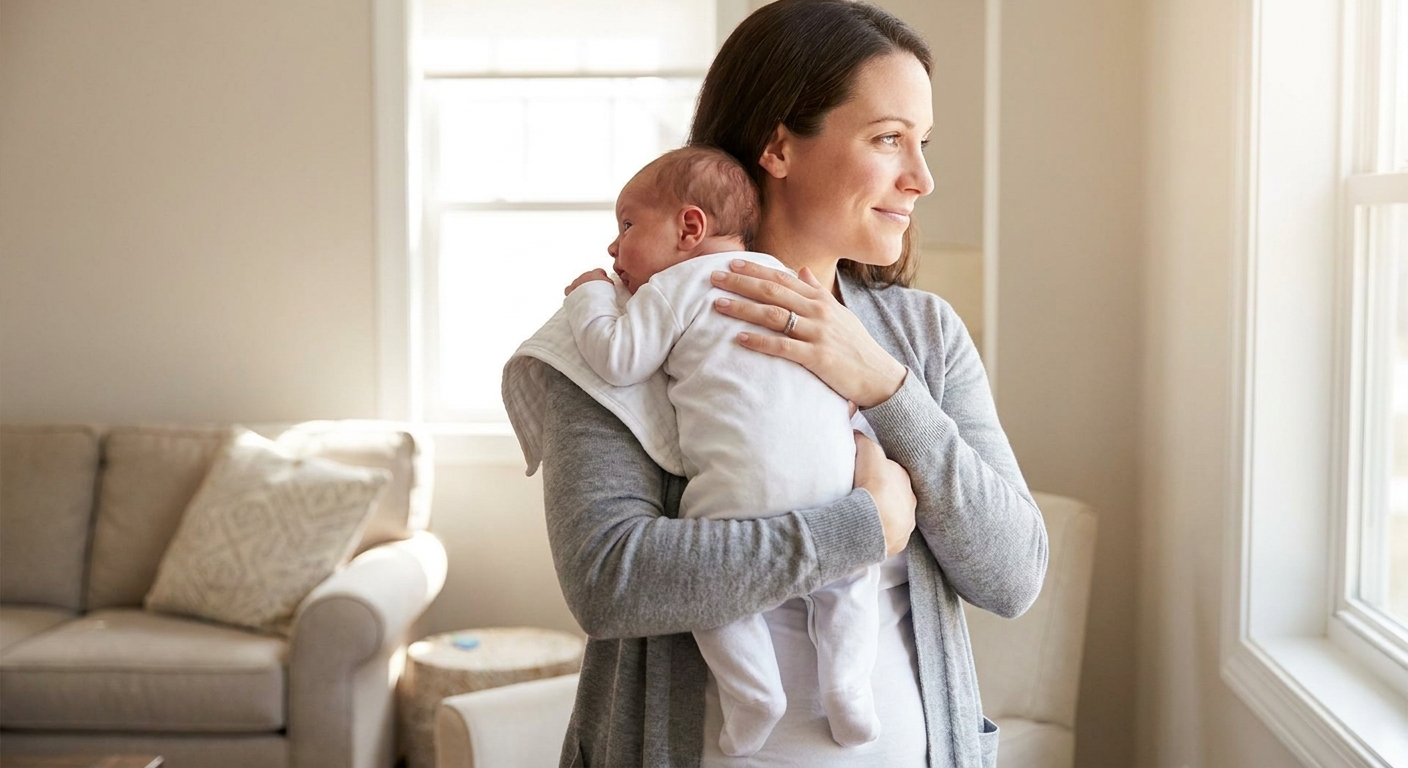 A mother holding a newborn baby upright against her shoulder after a feeding, gently supporting the baby’s head in a bright living room, realistic photo