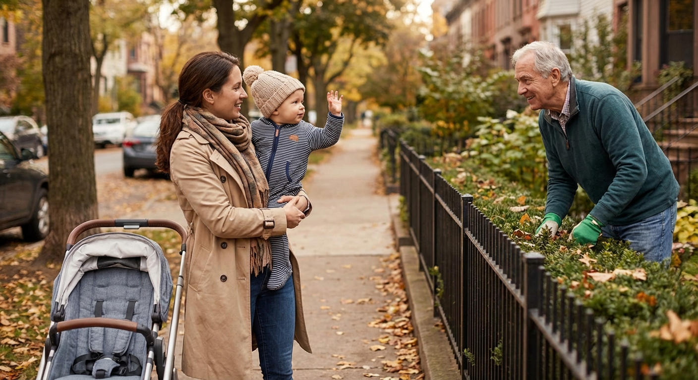 A mother holding her baby near a stroller outdoors while the baby lifts a hand in a small wave toward a neighbor