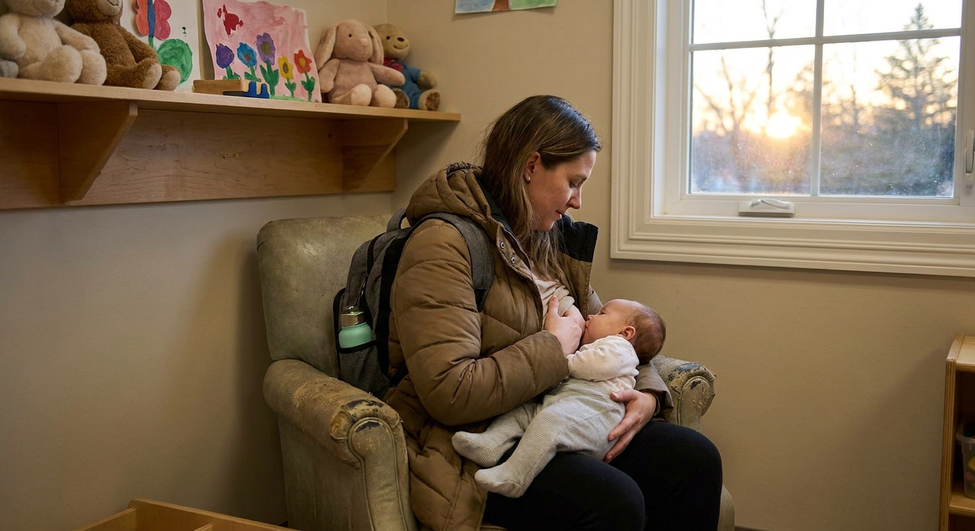 A mother picking up her baby from daycare in the afternoon and breastfeeding in a quiet corner