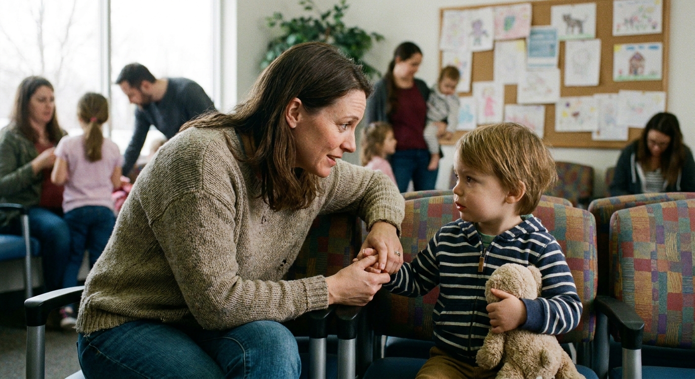A mother sitting beside her young child in a pediatric clinic waiting room, holding the child's hand in a reassuring way, natural candid photo style