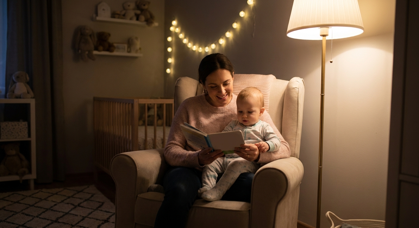 A mother sitting in a rocking chair reading a bedtime story to her 11-month-old baby in a calm nursery with dim lighting, real photo