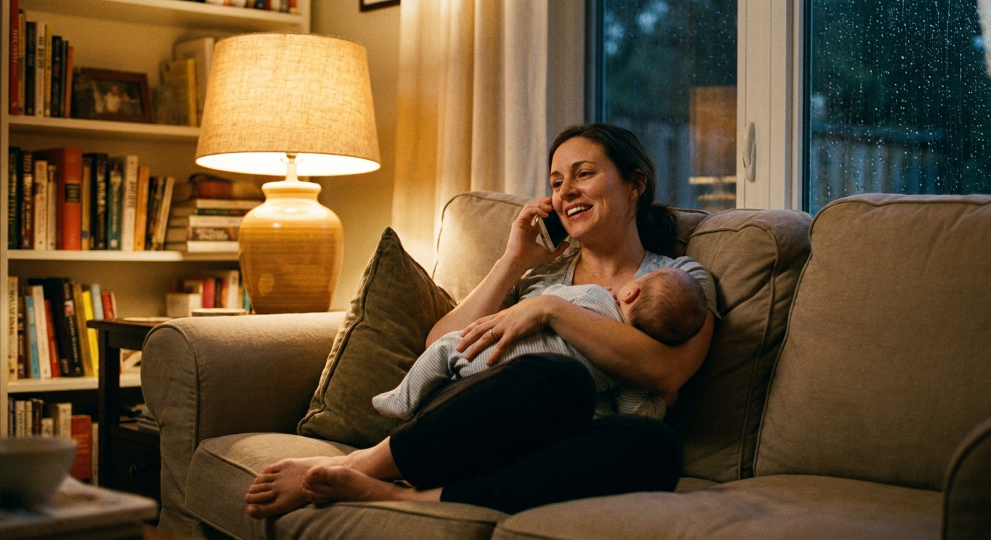 A mother sitting on a couch at night holding a baby while talking on a phone, warm lamp light in the background