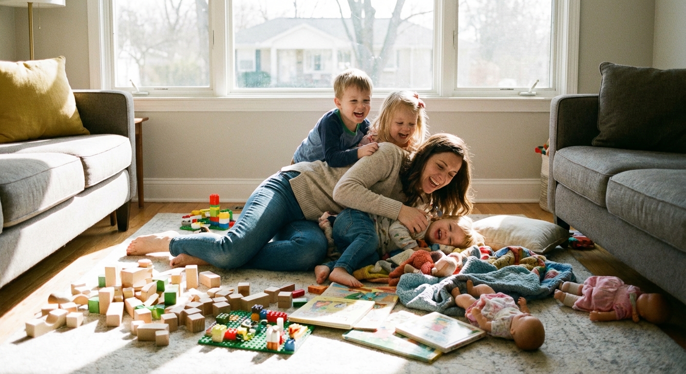 A mother sitting on the living room floor playing with three young children, toys scattered around, natural light, candid family photograph