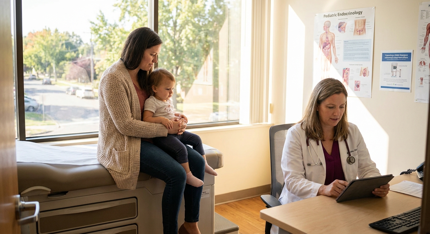 A mother sitting with her young child in a pediatric endocrinology clinic exam room while a clinician reviews notes, warm natural light, real-life medical photography style