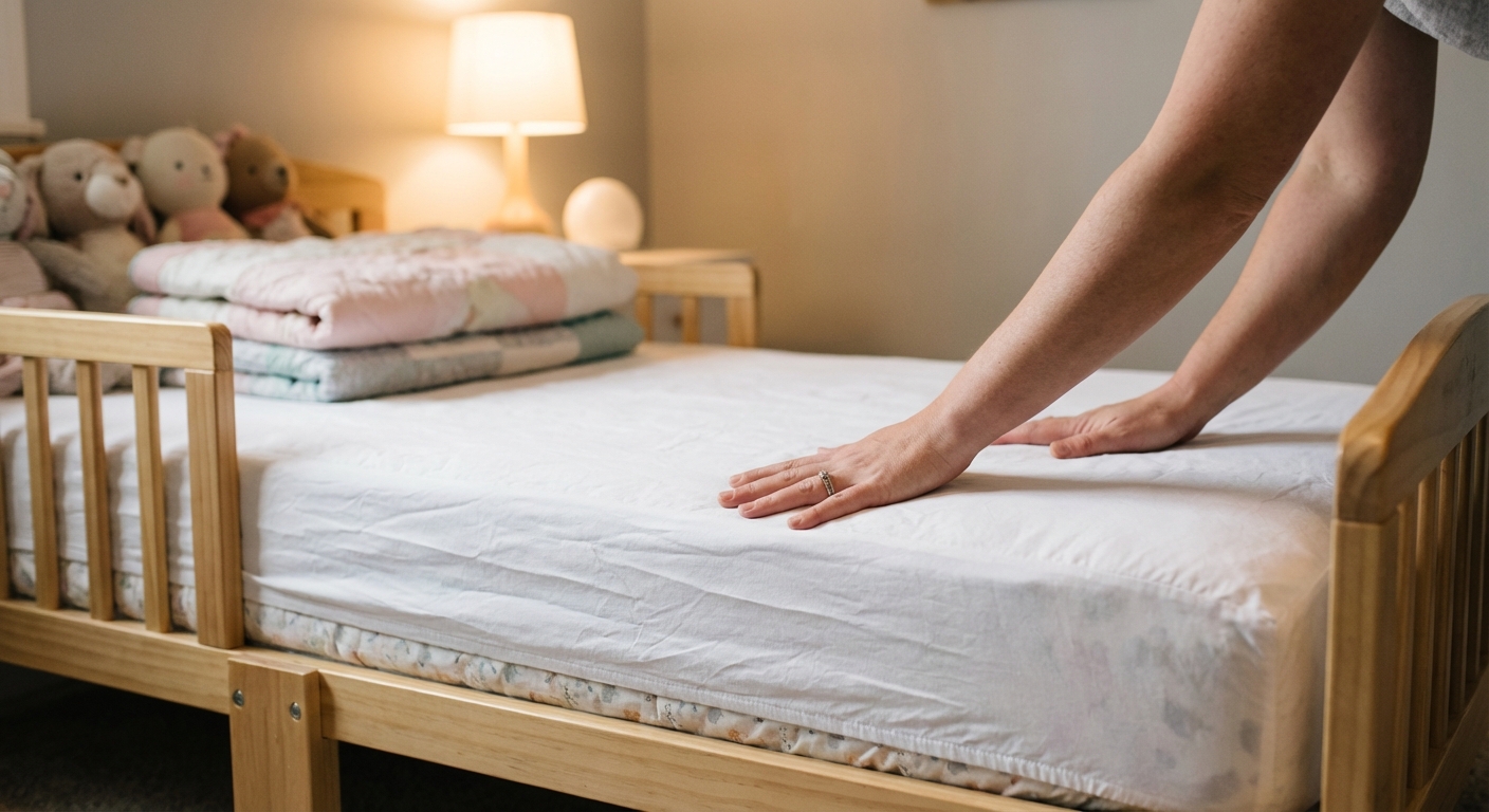 A neatly made child bed with a waterproof mattress protector being smoothed over the mattress by a parent’s hands in a softly lit bedroom, photorealistic lifestyle photography