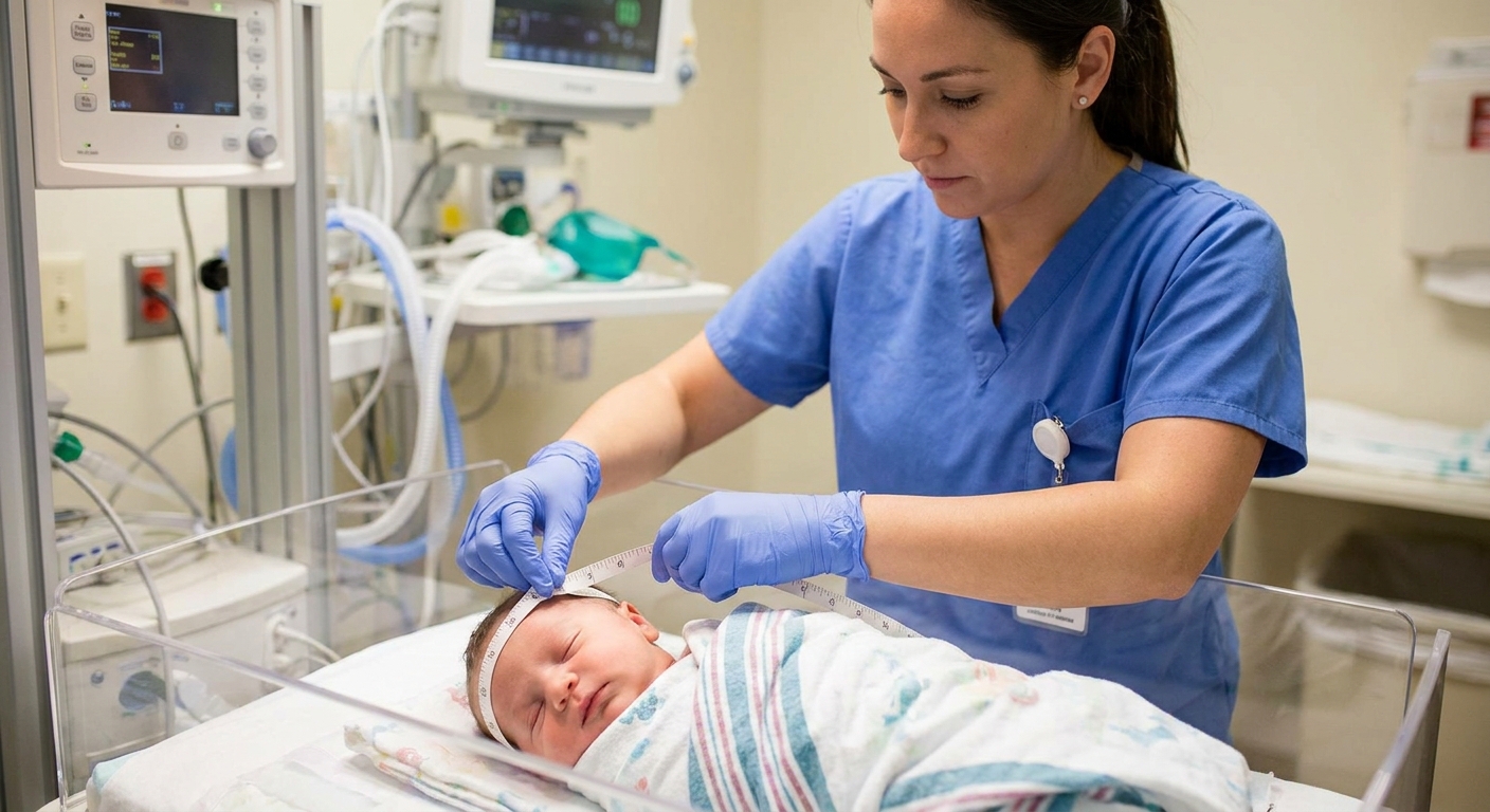 A neonatal nurse gently measuring a newborn’s head circumference with a soft tape measure in a hospital room, real-life photo style
