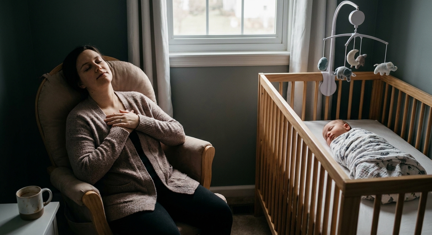 A new parent sitting in a nursery rocking chair with eyes closed and one hand on their chest, practicing slow breathing while a baby sleeps in a crib nearby, realistic photograph