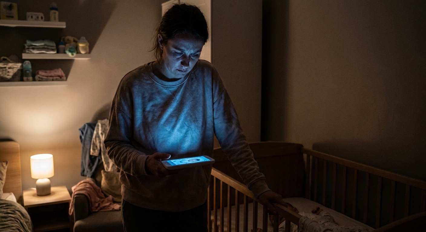 A new parent standing beside a crib at night while looking at a baby monitor screen with a tense expression, realistic bedroom photograph