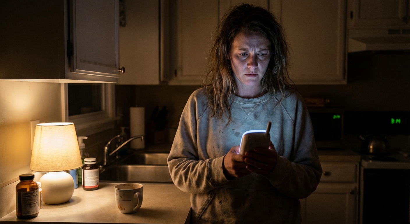 A new parent standing in a dim kitchen at night holding a baby monitor with a tense expression, suggesting postpartum anxiety and sleeplessness