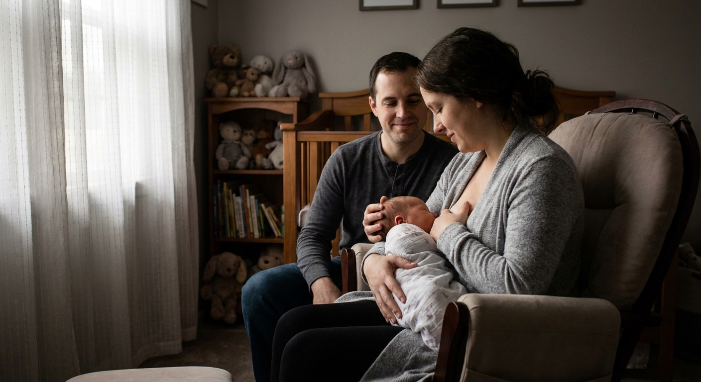 A newborn baby breastfeeding in a quiet home nursery while a parent supports the baby’s head and watches calmly, soft natural window light