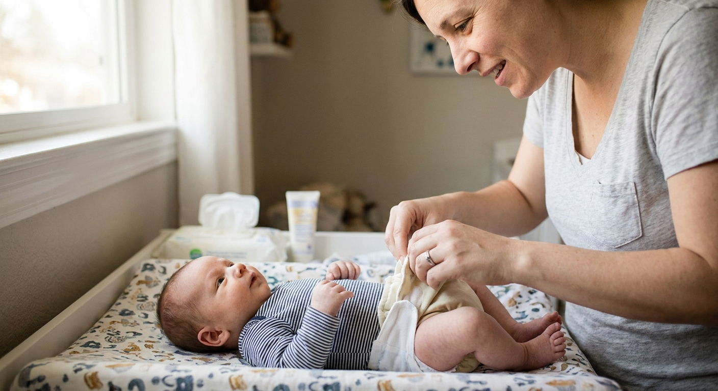 A newborn baby lying on a changing pad at home while a parent gently lifts the diaper area to check the scrotum, natural window light, real-life parenting photo