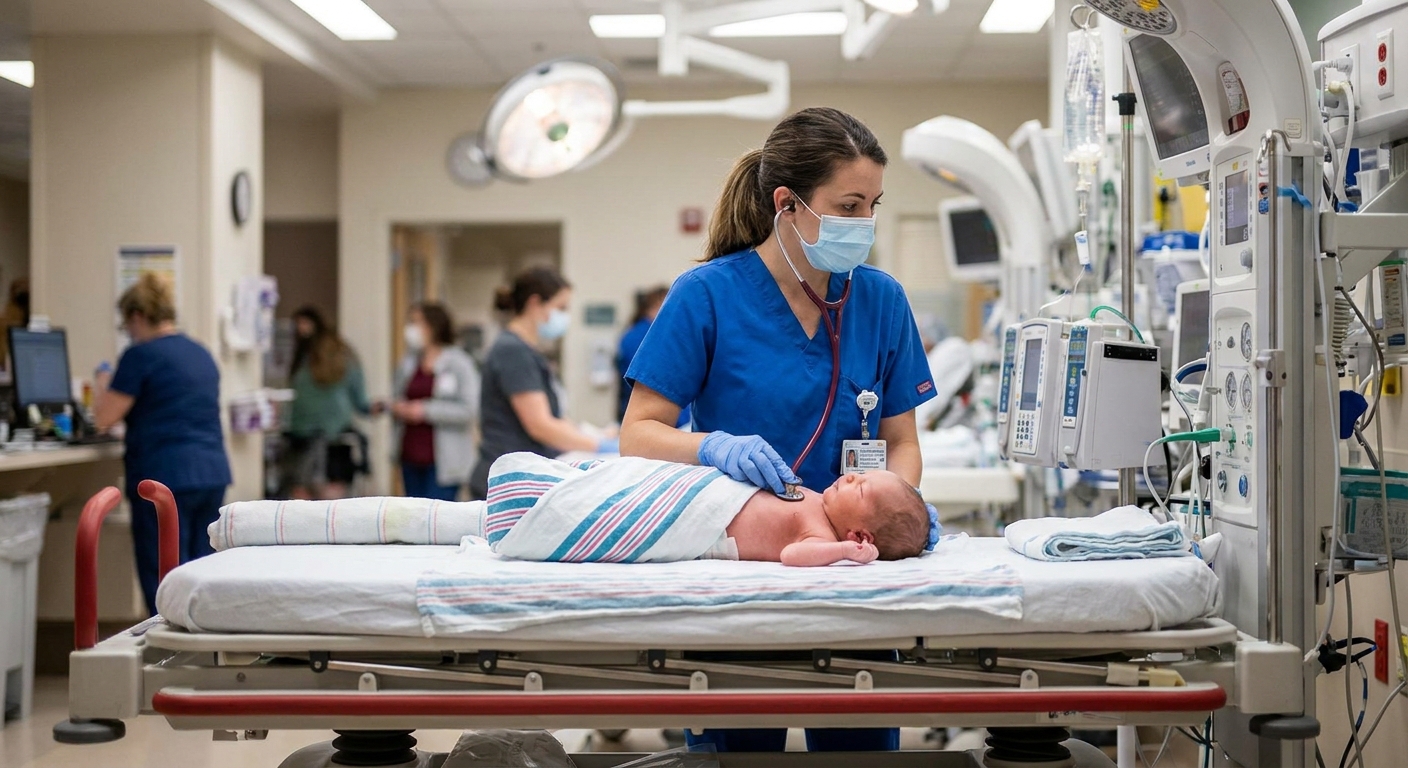 A newborn baby lying on a hospital stretcher in a pediatric emergency room while a nurse checks vital signs, realistic clinical photography style