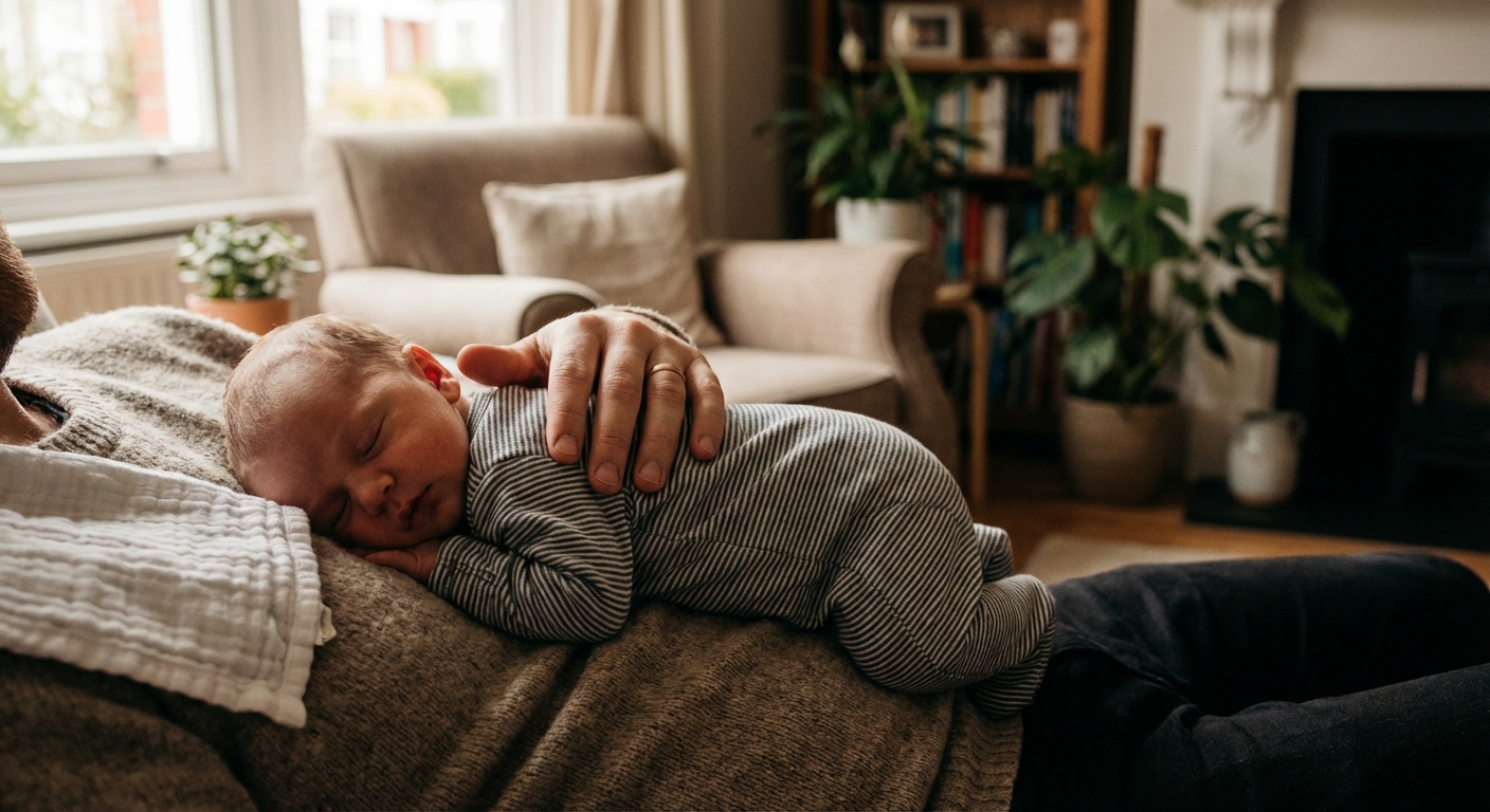 A newborn baby lying on a parent’s chest after a feeding, with the parent’s hand gently supporting the baby’s back, soft natural window light, calm home setting, photorealistic