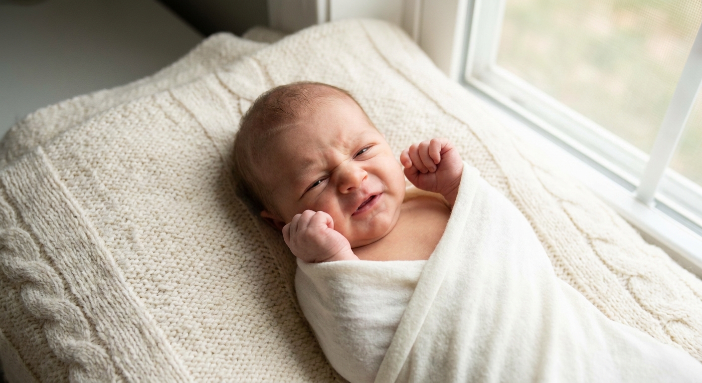 A newborn baby lying on a soft blanket in gentle window light, mid-sneeze with a relaxed face and tiny hands near their cheeks, real-life photography style
