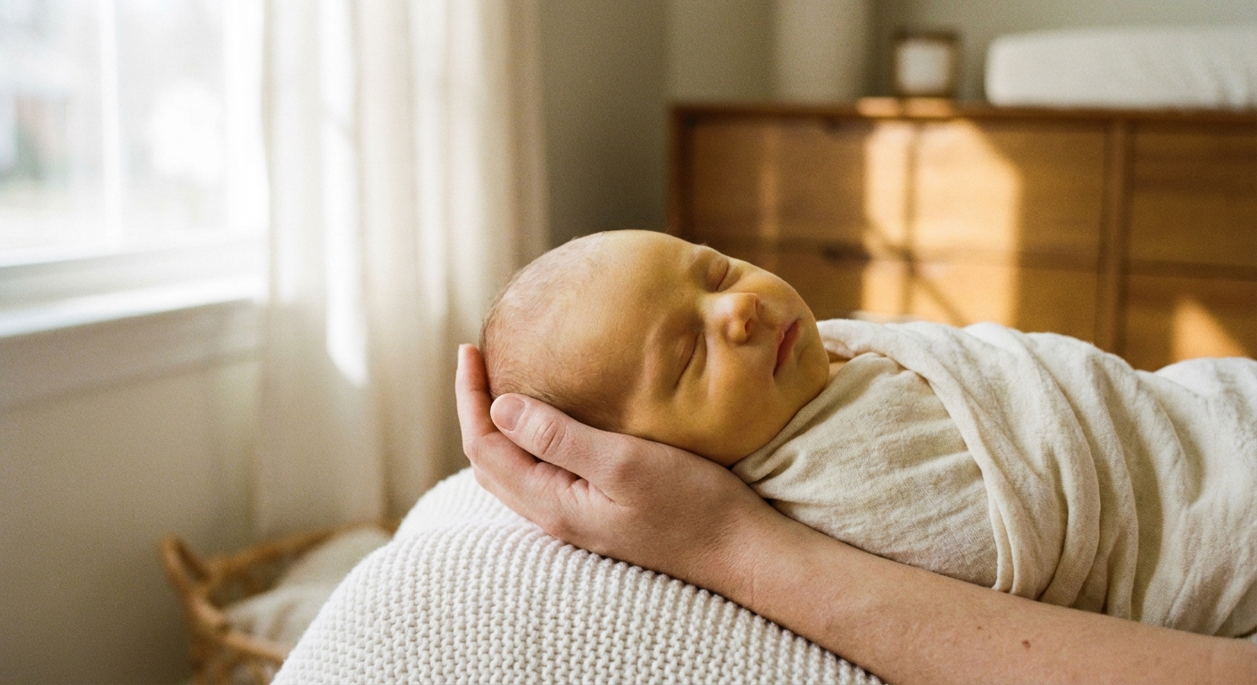 A newborn baby lying on a soft white blanket while a parent gently supports the baby’s head, with mild yellowing visible on the baby’s skin in natural window light, photorealistic lifestyle photography