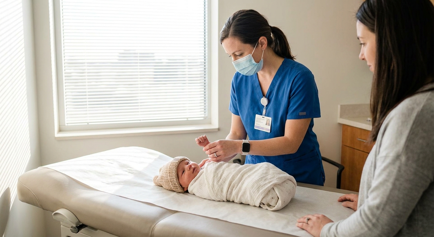 A newborn baby lying on an exam table while a pediatric clinician gently checks arm position and movement, natural clinic lighting, documentary-style photograph