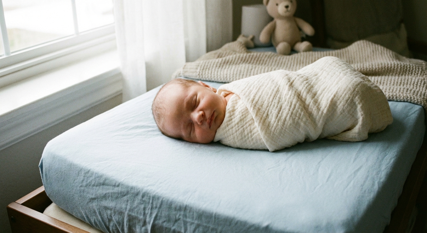 A newborn baby peacefully asleep in a snug swaddle on a firm bassinet mattress with a fitted sheet, photographed in soft natural light