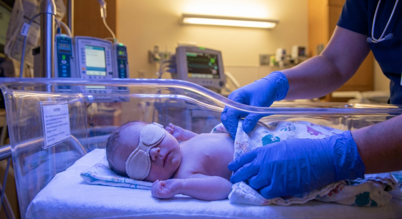 A newborn baby resting in a hospital bassinet under blue phototherapy lights while wearing protective eye covers, with a nurse’s hand adjusting the blanket, photorealistic hospital photography