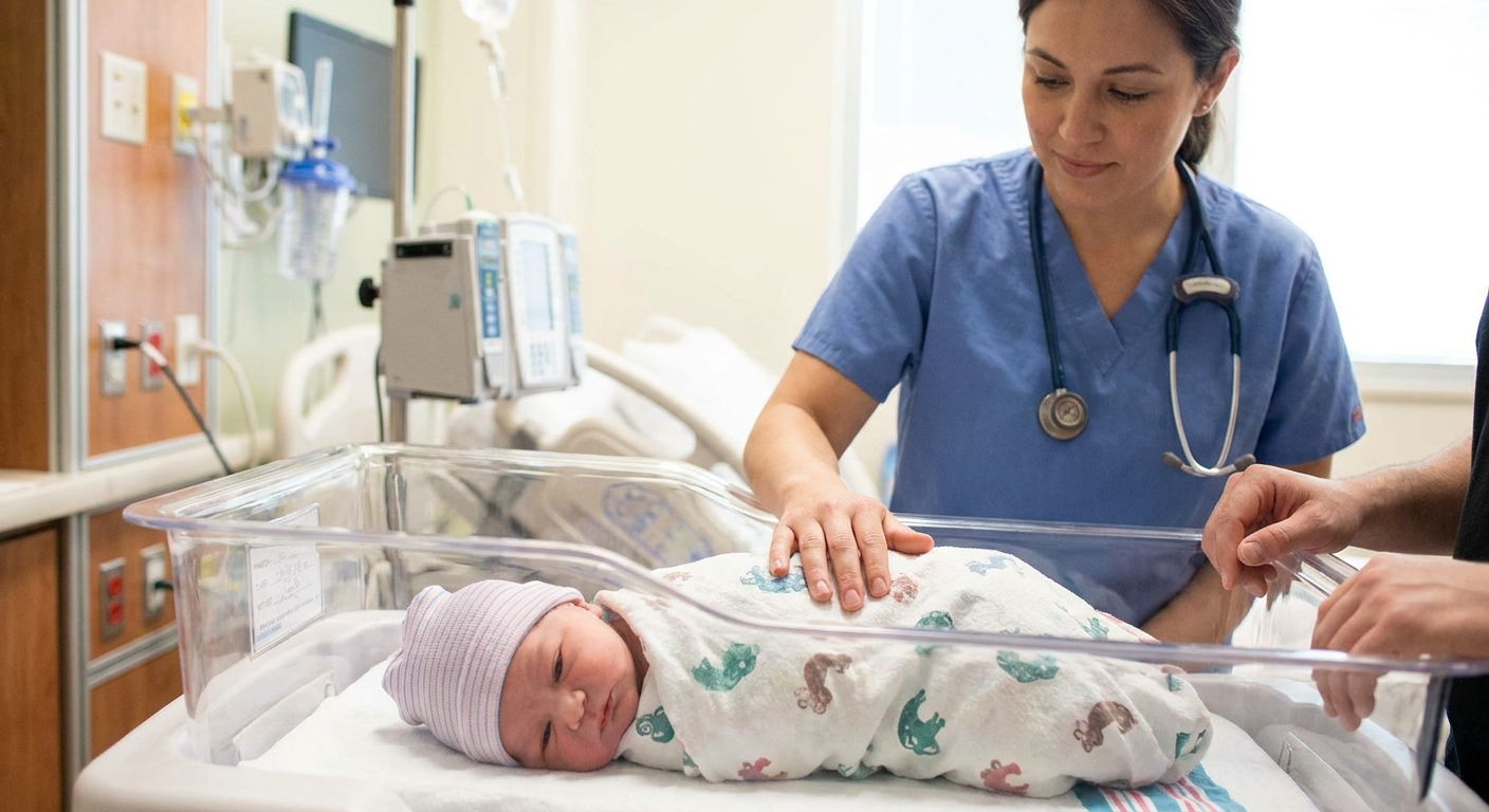 A newborn baby resting in a hospital bassinet while a pediatric clinician gently examines the baby’s back, calm clinical setting, real-life photo style