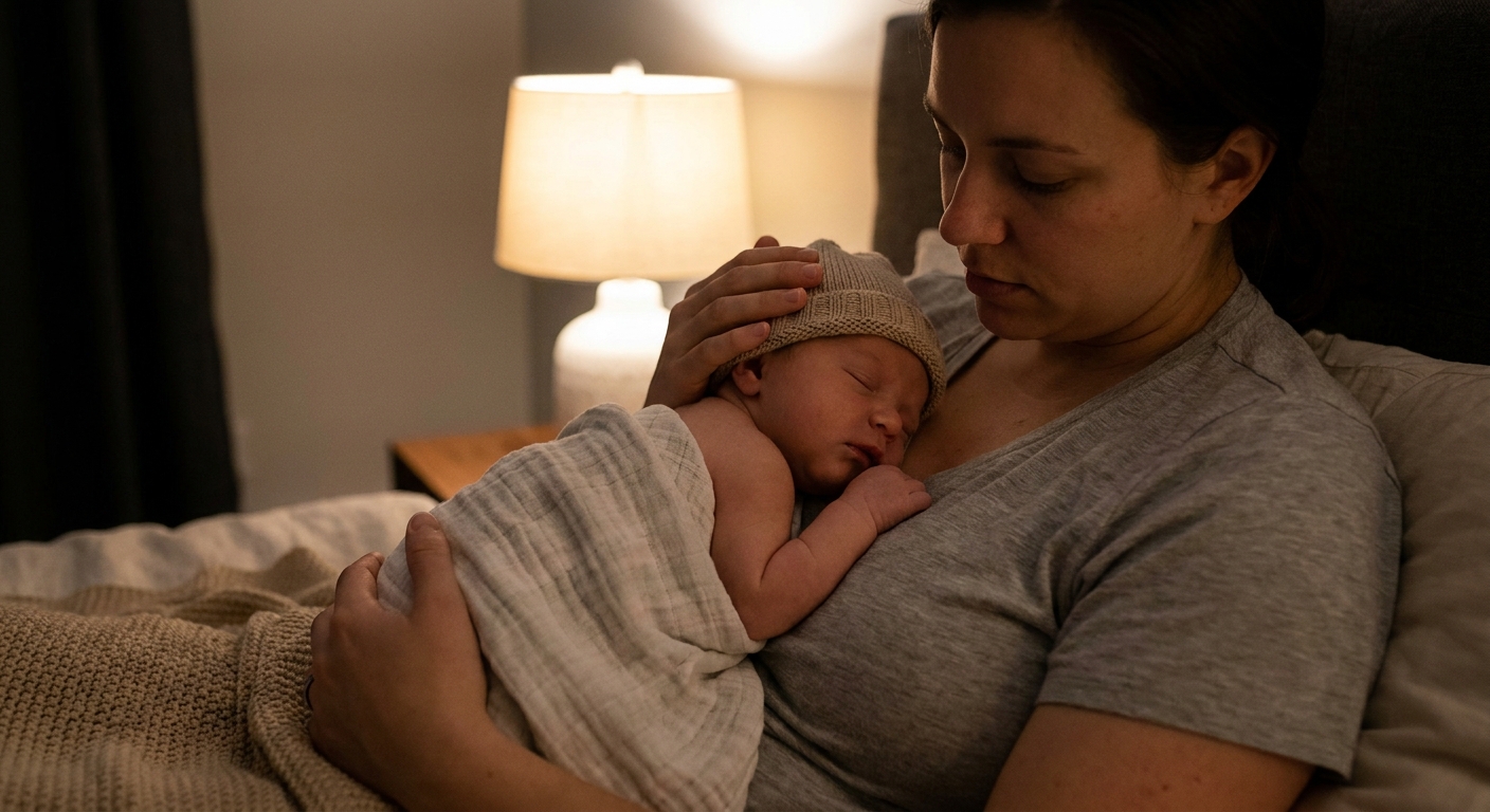 A newborn baby resting on a parent’s chest while the parent supports the baby’s head and watches their breathing closely in a softly lit bedroom, realistic photo