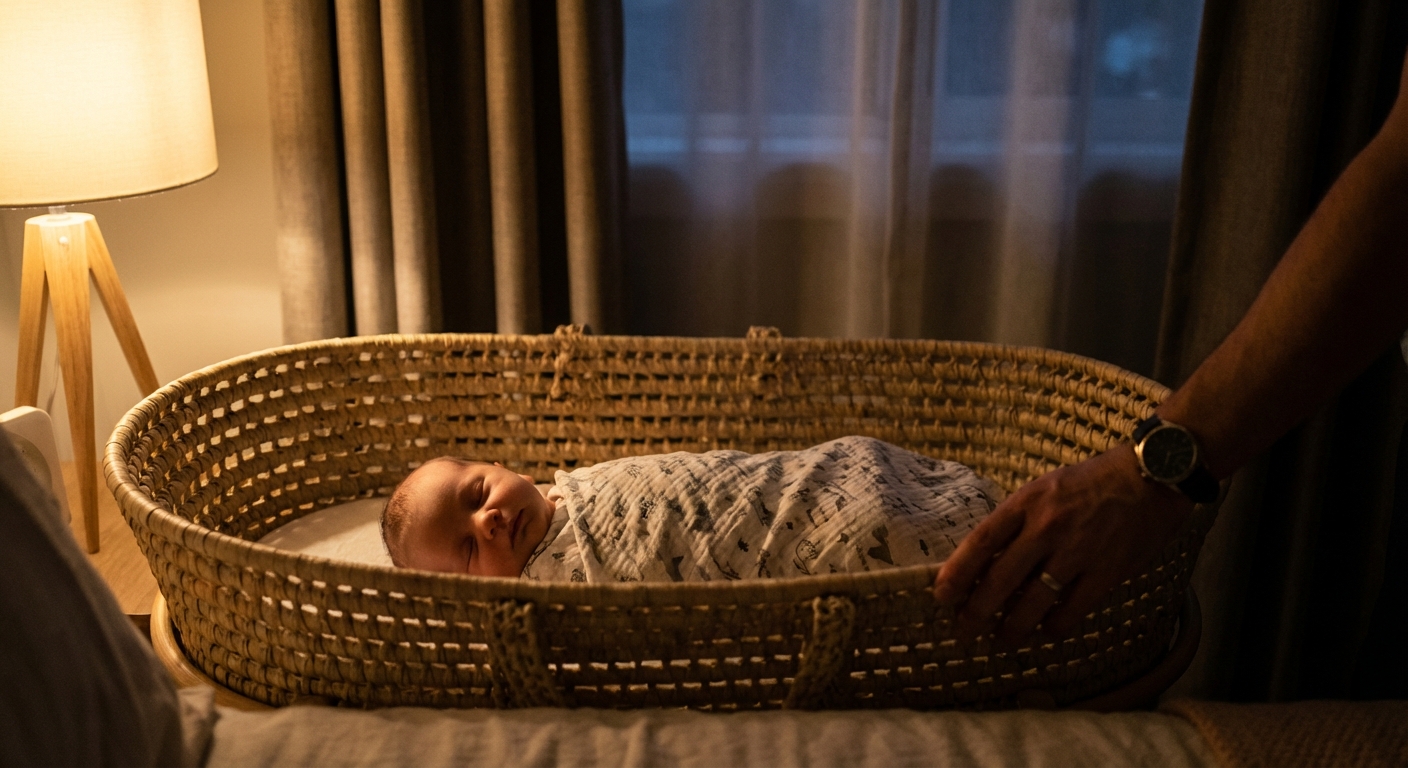 A newborn baby sleeping on their back in a bassinet in a softly lit bedroom at night, a parent’s hand resting gently on the edge of the bassinet, realistic documentary photo