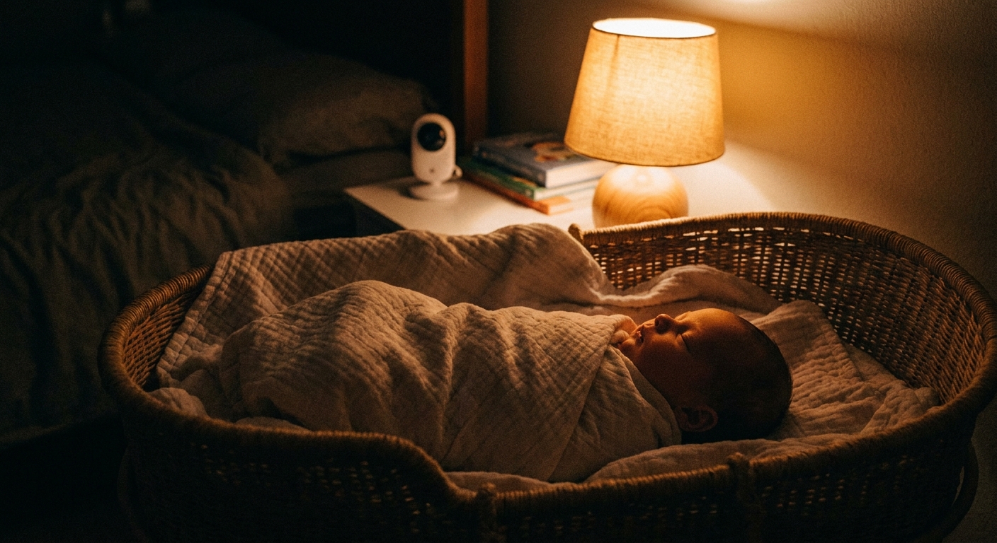 A newborn baby sleeping on their back in a bassinet at night with soft warm bedroom lighting, real-life parenting photo style