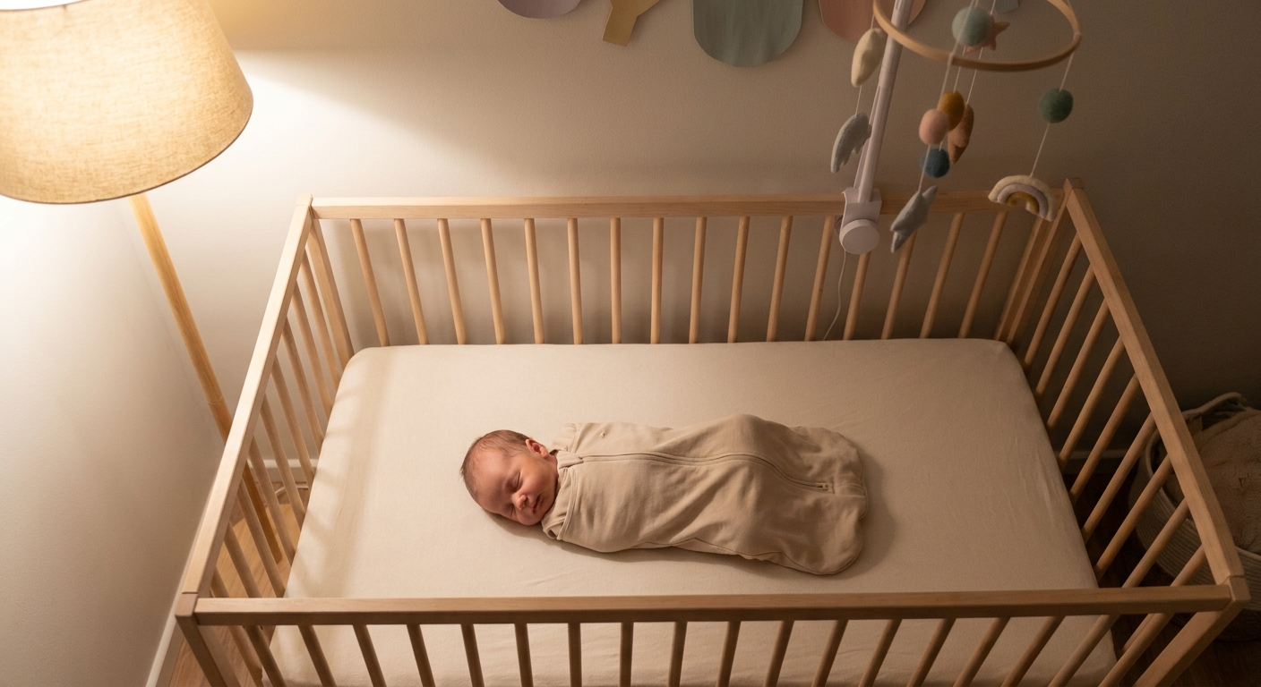 A newborn baby sleeping on their back in a crib that meets current safety standards, wearing a simple sleep sack, in a softly lit nursery