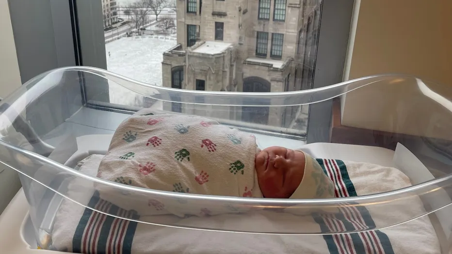 A newborn baby sleeping peacefully in a clear hospital bassinet with soft natural light, realistic photography