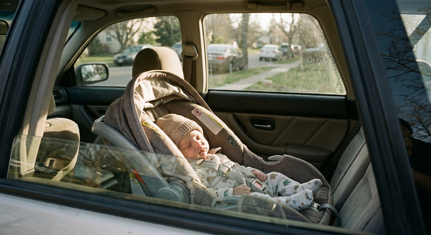A newborn baby strapped safely in a rear-facing car seat inside a parked car, natural window light, realistic documentary-style photo