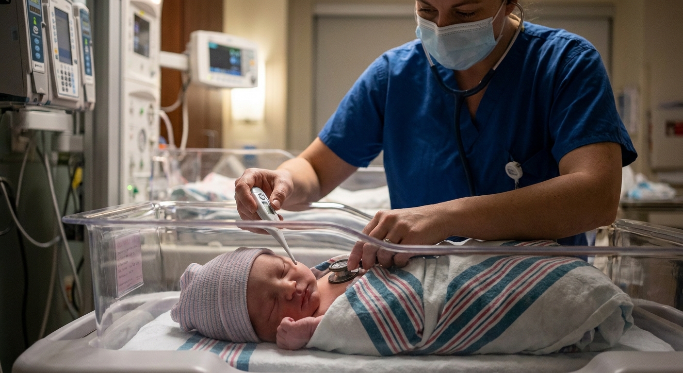 A newborn in a hospital bassinet while a nurse gently checks the baby's temperature and breathing, realistic nursery photo