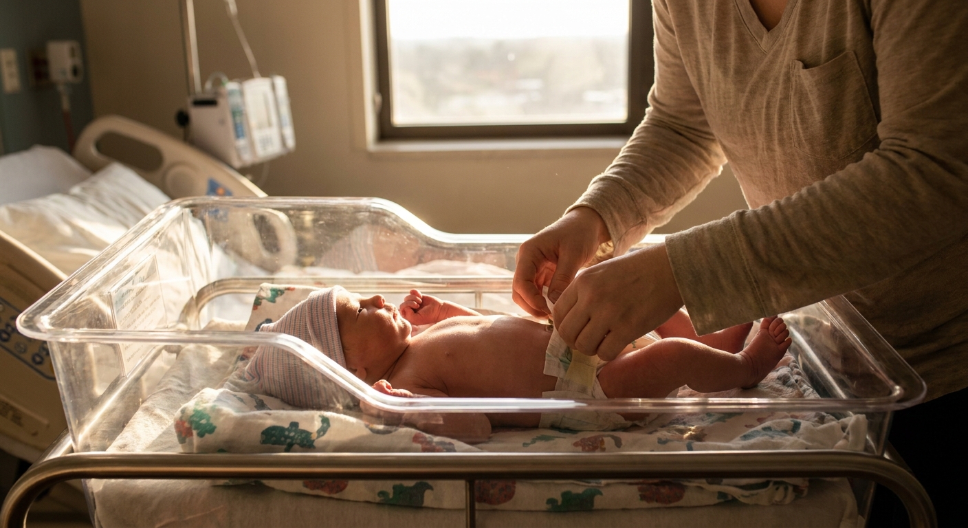 A newborn lying in a clear hospital bassinet while a parent gently changes a diaper, warm natural light, realistic documentary photo